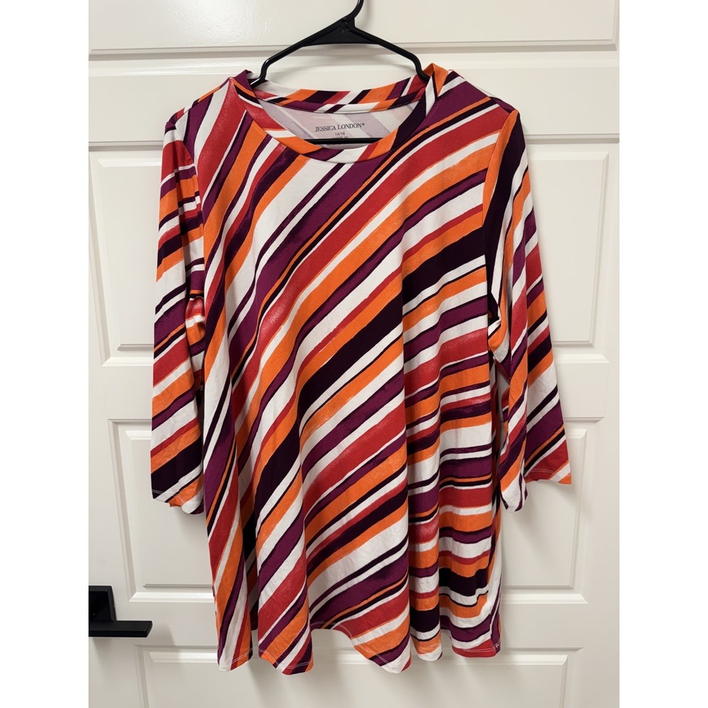 Jessica London Womens 14/16 Colorful Stripe Knit Top Stretch Pullover Scoop Neck